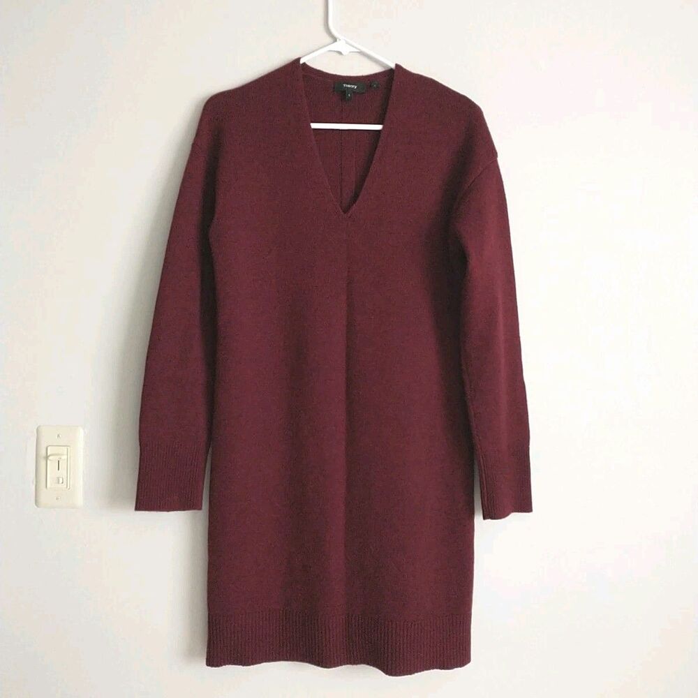 Theory Sweater Dress Womens S Red Brugundy KneeLength Cashmere LongSleeve Vneck